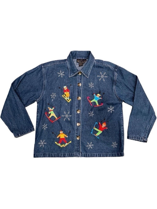 New Directions Jackets & Blazers - New Directions Womens Medium Embroidered Skiing Denim Blue Jean Jacket Cotton